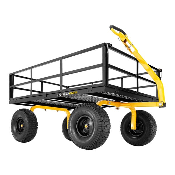 A black and yellow heavy-duty steel utility cart with black wheels.