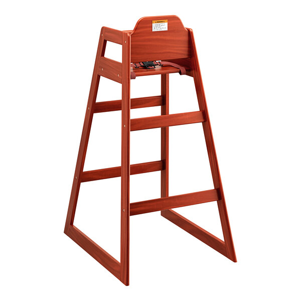 A Lancaster Table & Seating wooden high chair with a mahogany finish and a seat belt.