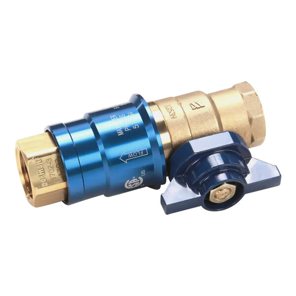 A blue and gold Henny Penny valve with quick disconnect on a pipe.