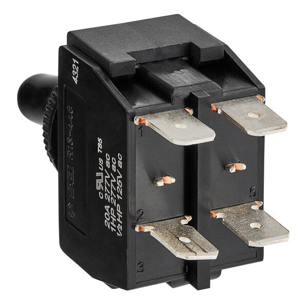 A black Avantco toggle switch with metal connectors and two switches.