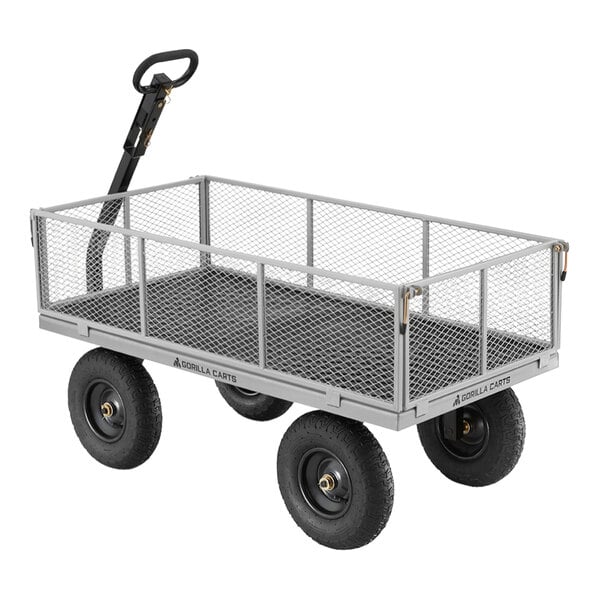 A Gorilla steel utility cart with black wheels and mesh bottom.