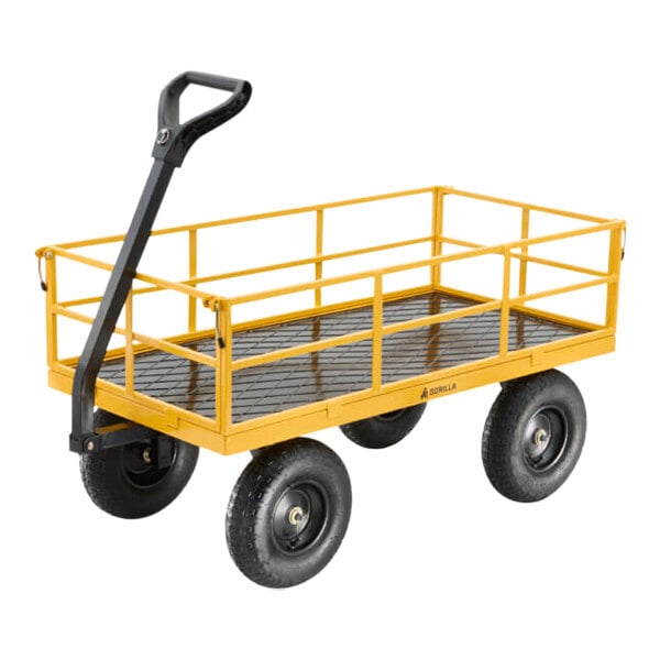 A yellow heavy-duty steel utility cart with four large wheels and a black handle.