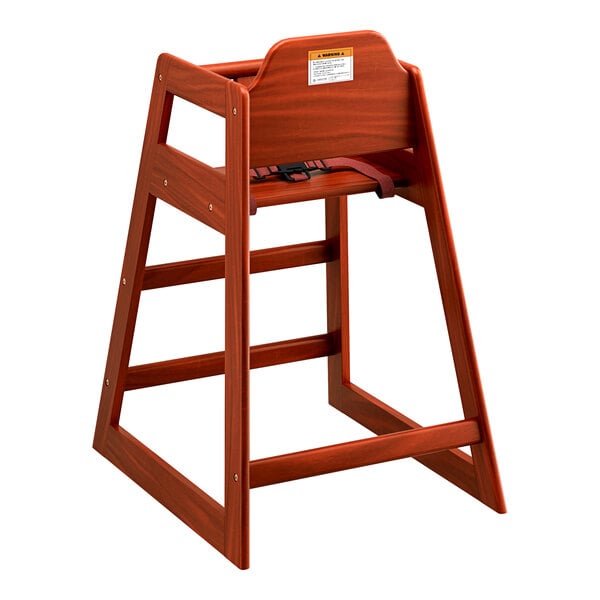 A Lancaster Table & Seating wooden high chair with a mahogany finish.