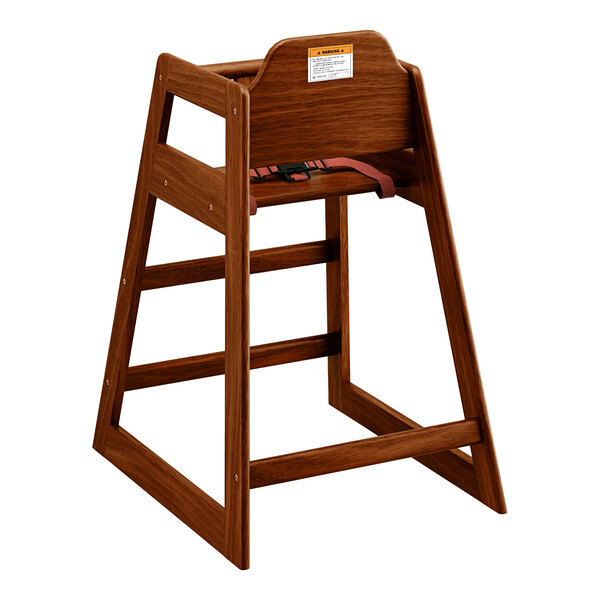 A Lancaster Table & Seating wooden high chair with a seat belt.