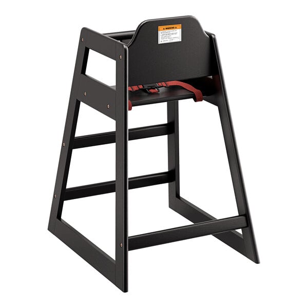 A Lancaster Table & Seating black wooden high chair with a seat belt.