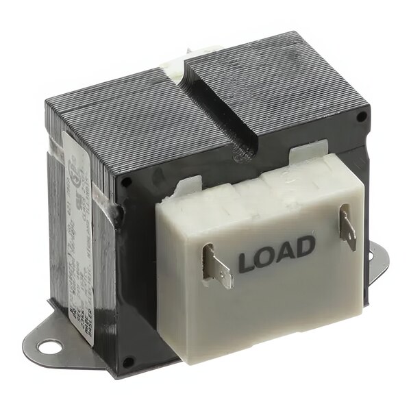 A close up of a white and black Moffat transformer with the word "load" on it.