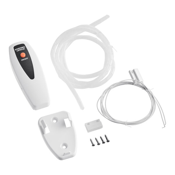 A white plastic Boltic air curtain with wires and a remote control.