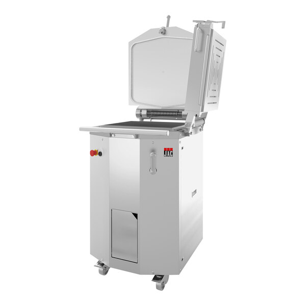 A large stainless steel JAC Tradiform dough divider machine with a lid open.