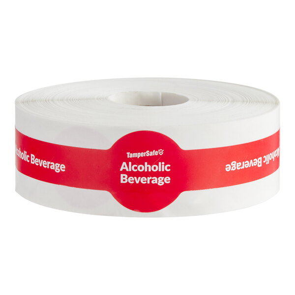 A roll of white paper TamperSafe red paper bands with white text reading "Alcoholic Beverages"