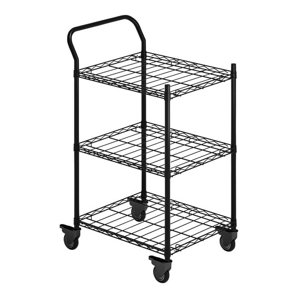 A black wire cart with wheels for Lampa rechargeable lamps.