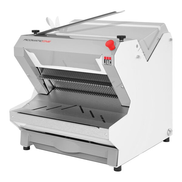 A white JAC Picomatic bread slicer with red buttons.