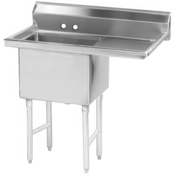 A stainless steel Advance Tabco one compartment sink with right drainboard.