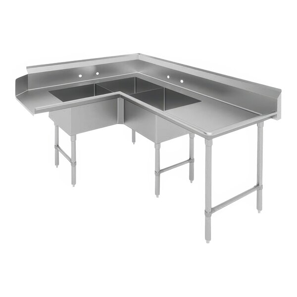 A stainless steel Advance Tabco corner dishtable with 3 sinks and a right drainboard.