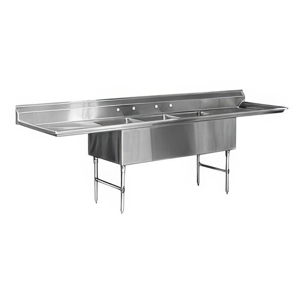 A stainless steel Advance Tabco three compartment sink with two 24" drainboards.