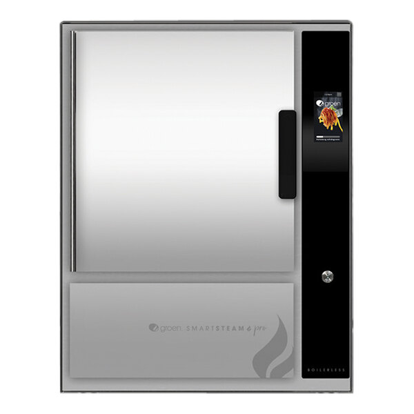 A stainless steel Groen SmartSteam Pro electric steamer with a black handle on the door.