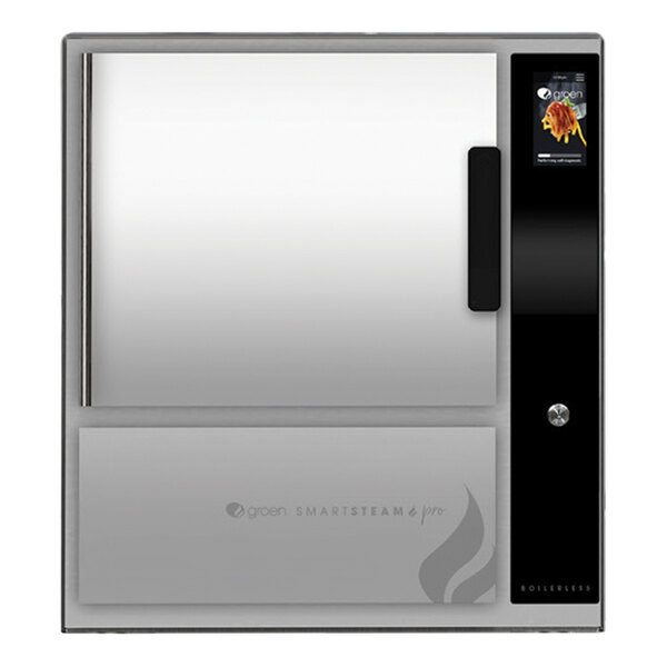 A white and black Groen SmartSteam Pro stand-mounted steamer with a door open.