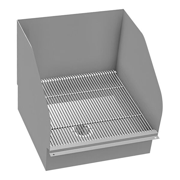 A grey rectangular metal mop sink with a metal grate on top.