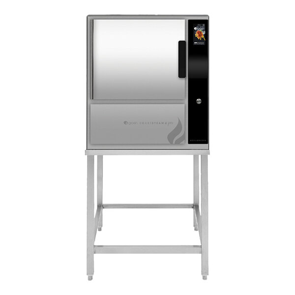 A stainless steel stand-mounted boilerless gas steamer with a front door and control panel.