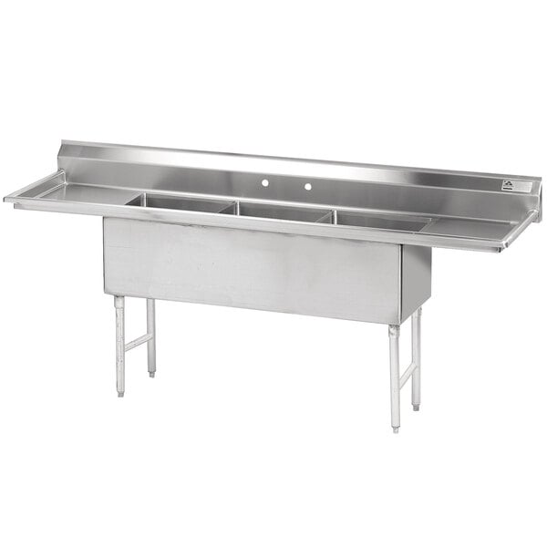 A stainless steel Advance Tabco 3 compartment sink with two 15 inch drainboards.