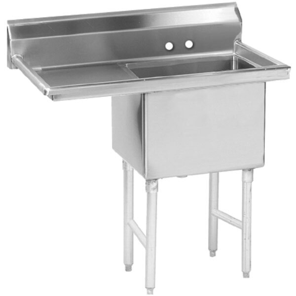 A close-up of an Advance Tabco stainless steel sink with a left drainboard.