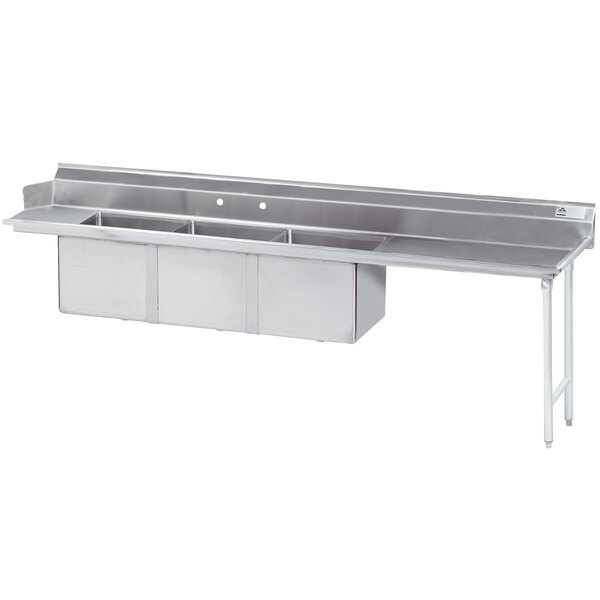 A stainless steel Advance Tabco dishtable with three compartments and a right drainboard.