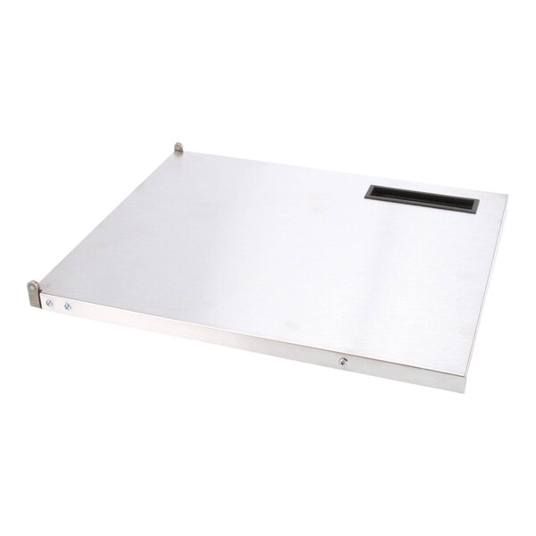A metal plate with a rectangular white door and black handle.