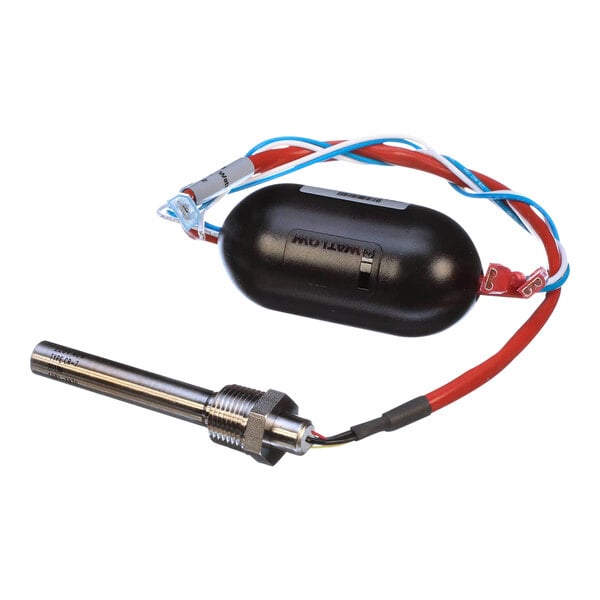 A black rectangular Frymaster oil sensor assembly with red and blue wires.