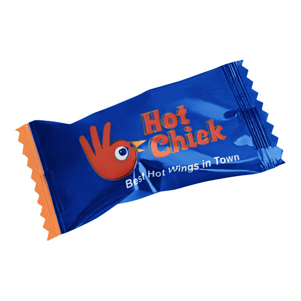 A blue package of customizable assorted jelly-filled buttermints with orange text and a red hand.