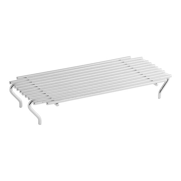 A white metal shelf with metal legs.