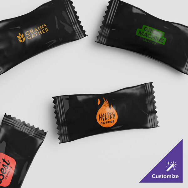 A group of black packages for Customizable White Buttermints with different colored labels.