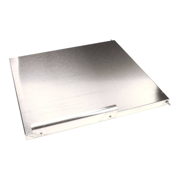 A silver metal rectangular door assembly with a metal handle.