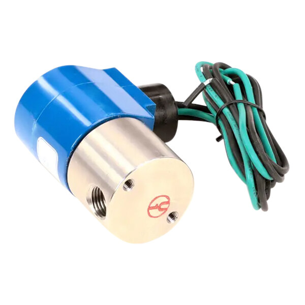 A blue and silver Frymaster solenoid valve with a green wire.
