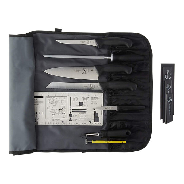 A Mercer Culinary Millennia 13-piece knife set in a case.