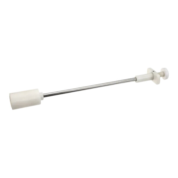 A long metal rod with a white cylinder on one end and a metal handle on the other.
