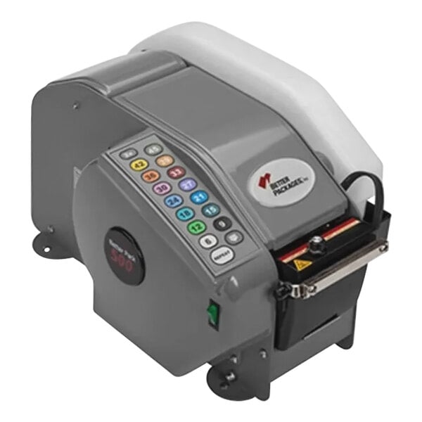 A close-up of a grey Better Packages Better Pack 500 electric tape dispenser with black buttons.