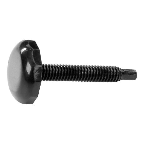 A close-up of a black screw with a nut.