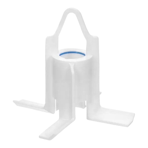 A white plastic object with a blue ring.