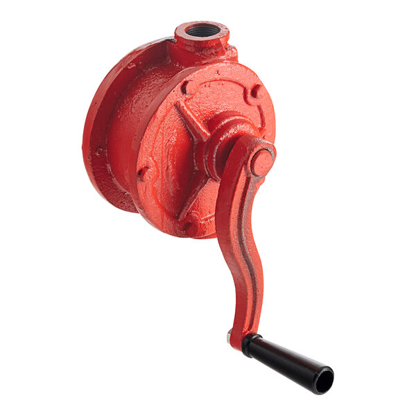 A red metal drum pump with a black handle.