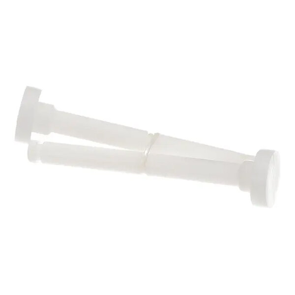 Two white cylindrical plastic objects with flared ends, positioned parallel to each other.