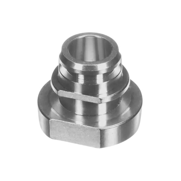 A stainless steel threaded nut on a metal connector.