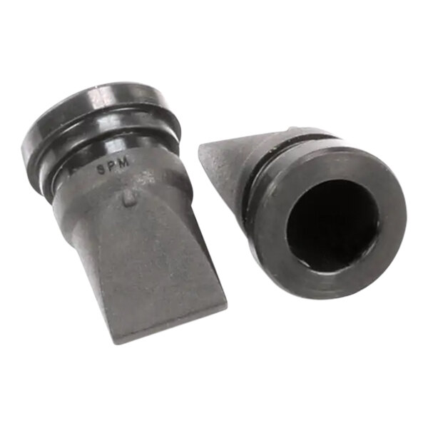 Two black plastic Spaceman injection air pump check valves.