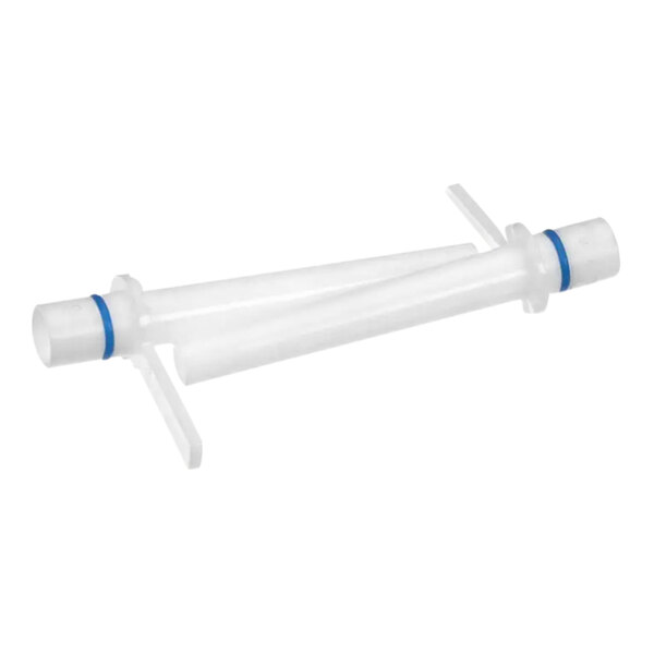 A pair of white plastic tubes with blue rings.