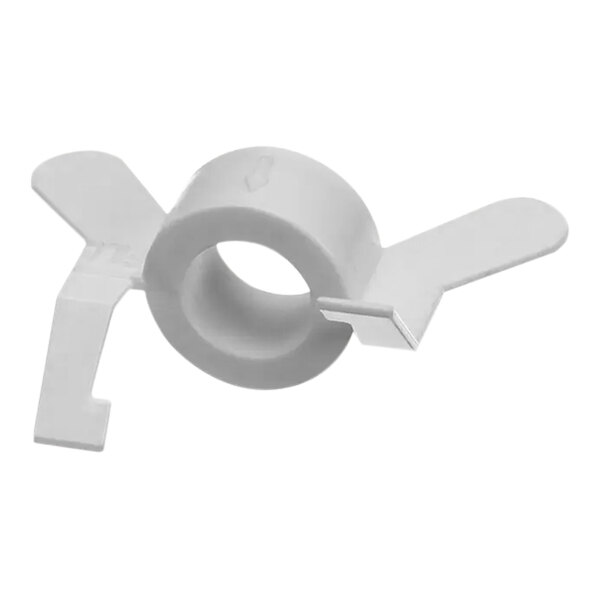 A white plastic Spaceman agitator blade clamp with a screw.