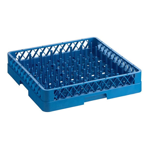 A blue plastic dish rack with a blue plastic basket with holes.