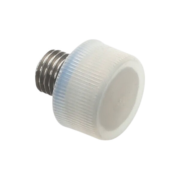 A white plastic cap with a metal screw.