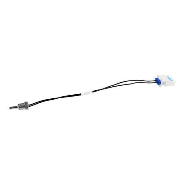 A black and white electrical wire with a blue connector on the end.