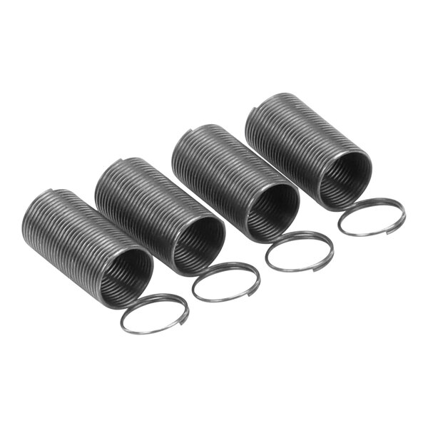 A group of black metal springs with rings on them.