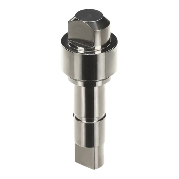 A silver stainless steel threaded nut with a black knob on top.