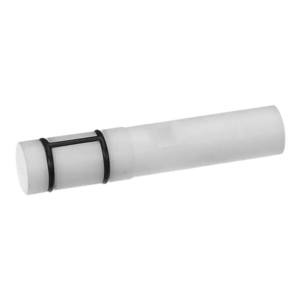 A white plastic pipe with a black ring.