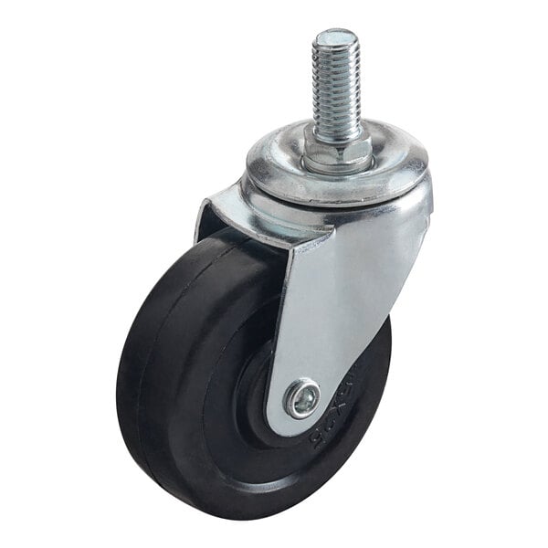 A black rubber Fryclone swivel caster with a silver metal bolt.